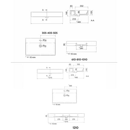 Lavabo Integrado de una Poza VENETO. Porcelana Blanca de 61 a 121 cm