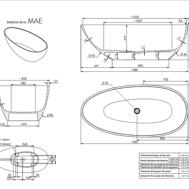 Especificaciones Bañera MAE