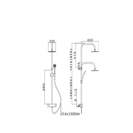 Medidas Sistema de ducha termostática NUCK de Buades