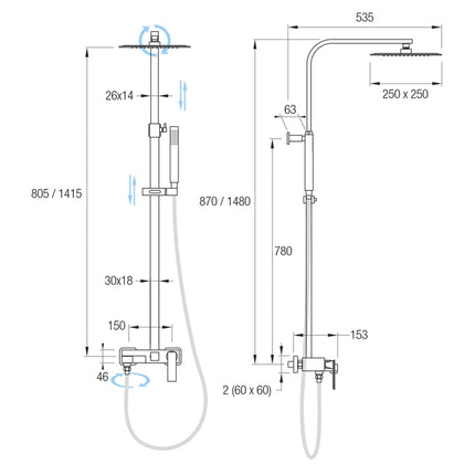 Medidas Conjunto de ducha Grifería MITRA de Aquassent
