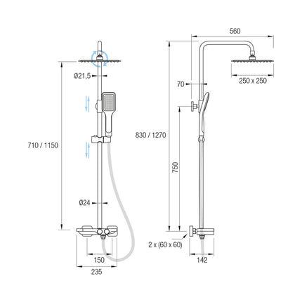 Medidas Sistema de ducha termostática ORIA