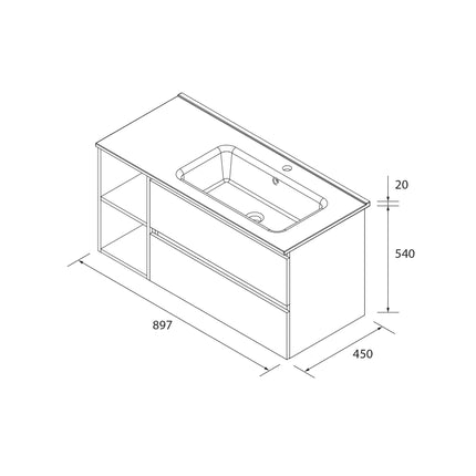 Mueble de Baño BEQUIA 90cm. 2 Cajones y 2 Huecos + Lavabo Cerámica Constanza