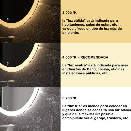 Espejo De Baño Santorini | Luz Led Frontal Y Trasera | Marco Fino | 3 Tonos De Luz | Ip44