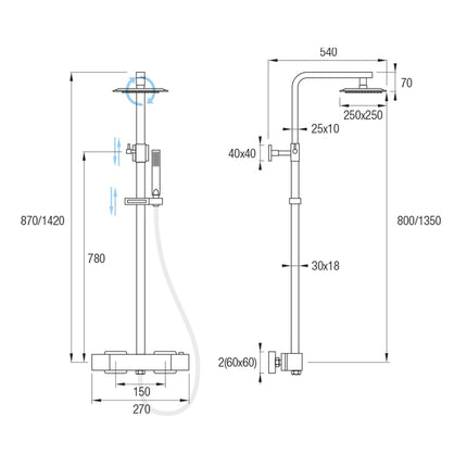 Medidas Sistema de ducha TERRA de Aquassent